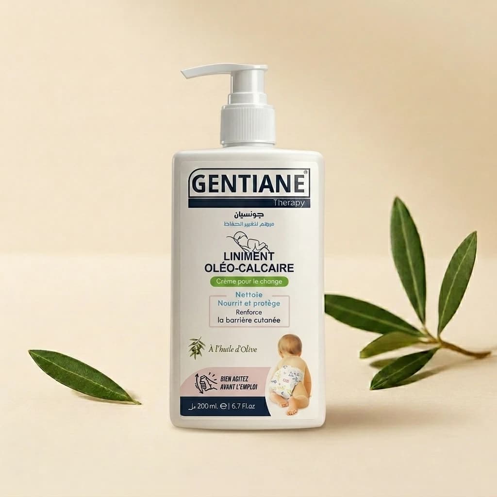 A bottle of Gentiane Therapy diaper change liniment-cream 200ml with olive leaves.