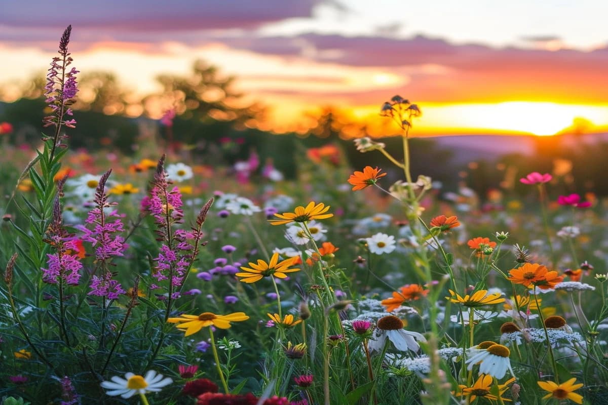 Champ de fleurs sauvages au coucher du soleil.